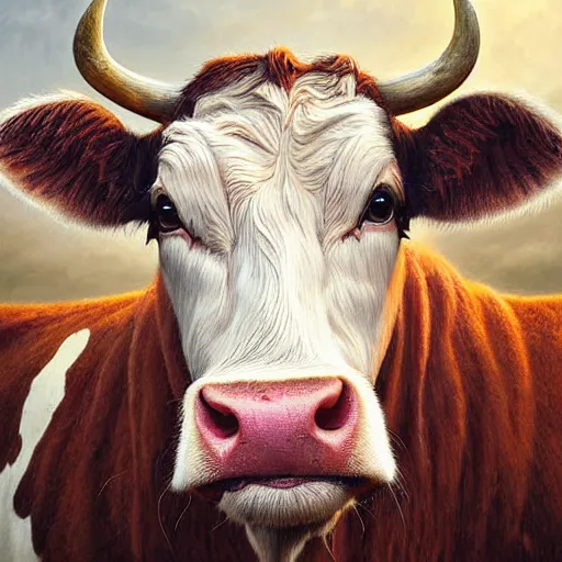 Prompt: digital painting of a guernsey cow by filipe pagliuso and justin gerard, symmetric, fantasy, highly, detailed, realistic, intricate