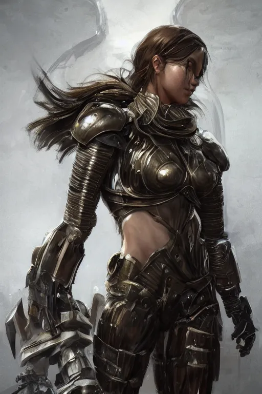 Image similar to a professional portrait of an attractive young female, partially clothed in battle armor, olive skin, long dark hair, beautiful bone structure, symmetrical facial features, intricate, elegant, digital painting, concept art, illustration, sharp focus, from Metal Gear, in the style of Ruan Jia and Mandy Jurgens and GregRutkowski and William-Adolphe Bouguerea