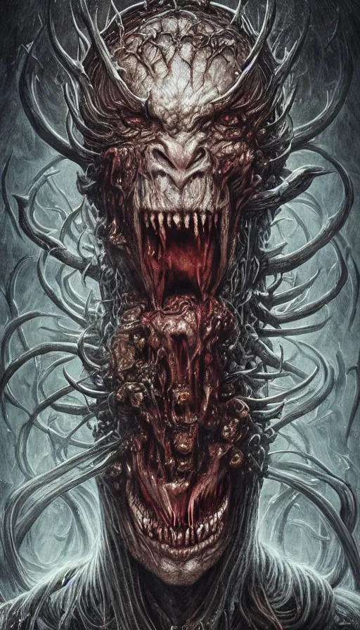 Image similar to Elden Ring and Doom themed painting of screaming majestic demon king, intricate artwork by Artgerm, Johnatan Wayshak, Zdizslaw Beksinski, Darius Zawadzki, H.R. Giger, Takato Yamamoto, masterpiece, very coherent artwork, cinematic, high detail, octane render, unreal engine, 8k, High contrast, golden ratio, trending on cgsociety, ultra high quality model, production quality cinema model