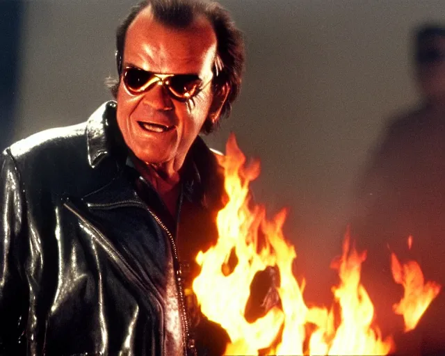 Image similar to Jack Nicholson plays Terminator wearing leather jacket and his endoskeleton is visible, walking out of flames