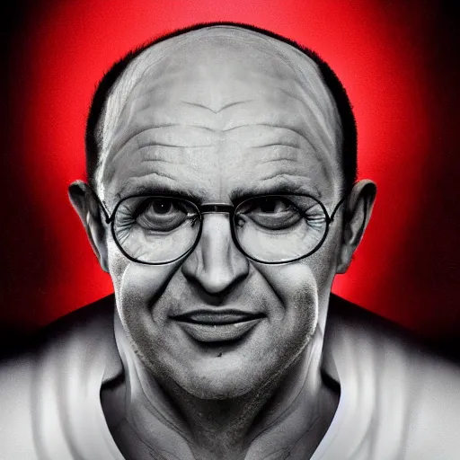 Image similar to avram glazer as the devil reincarnate, owner of manchester united football club, portrait, pure evil, devils horns, avram glazer, satan, hell, 8 k, hyperrealism, symmetry, cinematic lighting - w 1 0 2 4