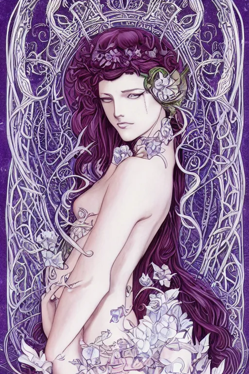 Prompt: Art Nouveau Lilith, Queen of the moon and serpents, Lush Garden Leaves and Flowers, Sensual glowing white Angelic occult esoteric woman in a manga cover style, full body image centered in frame, headshot, D&D, fantasy, highly detailed, digital painting, artstation, concept art, sharp focus, illustration, art by artgerm and greg rutkowski and alphonse mucha
