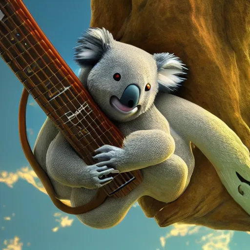 Image similar to Koala playing a guitar, by Miyazaki Nausicaa Ghibli, breath of the wild style, epic composition Trending on Artstation, octane render, Insanely Detailed, 8k, HD