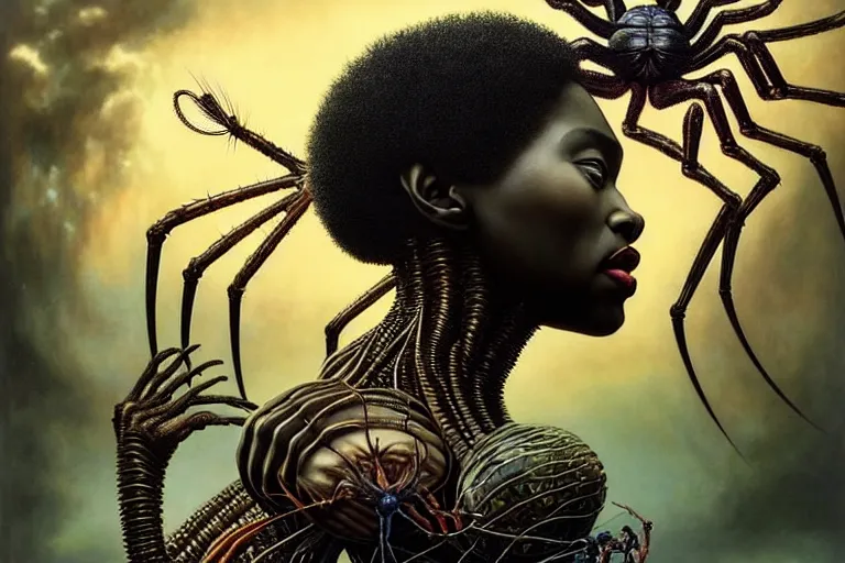 Image similar to realistic detailed portrait movie shot of a beautiful black woman riding a giant spider, dystopian city landscape background by denis villeneuve, amano, yves tanguy, alphonse mucha, max ernst, ernst haeckel, kehinde wiley, caravaggio, jean delville, david lynch, roger dean, cyber necklace, rich moody colours, sci fi patterns, dramatic, wide angle