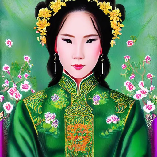 Prompt: portrait of a beautiful vietnamese woman wearing vietnamese ao dai, intricate, detailed, symmetric face, by wlop