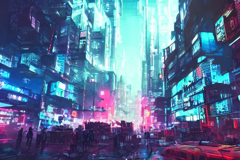 Prompt: a dystopian cyberpunk city with to much neon light, a large tv in the middle of the city, anime, 4k, super wide angle, PS5 graphic, digital art, trending on artstation