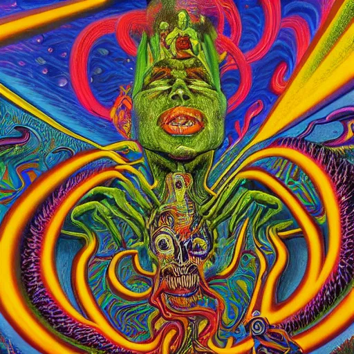 Image similar to Psychedelic DMT experience with inter-dimensional beings and insane trippy visuals in the style of an album cover by Howard Finster, Michael Cheval (highly detailed, 8k, UHD, fantasy, dream, otherworldly, bizzare, spirals, colourful, vivid)