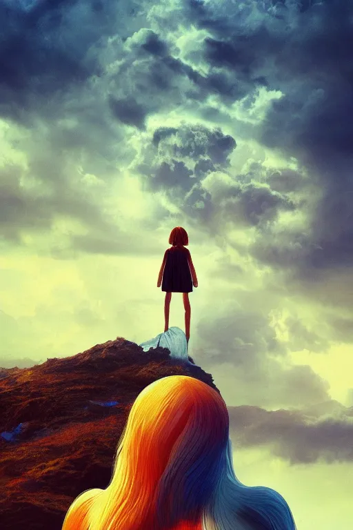 Prompt: closeup giant dahlia flower as head, girl standing on mountain, body of ronnie coleman, surreal photography, blue storm clouds, dramatic light, impressionist painting, digital painting, artstation, simon stalenhag