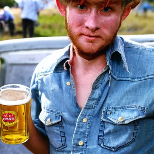 Image similar to country bumpkin harry potter drinking a beer, old pickup, beat up shirt