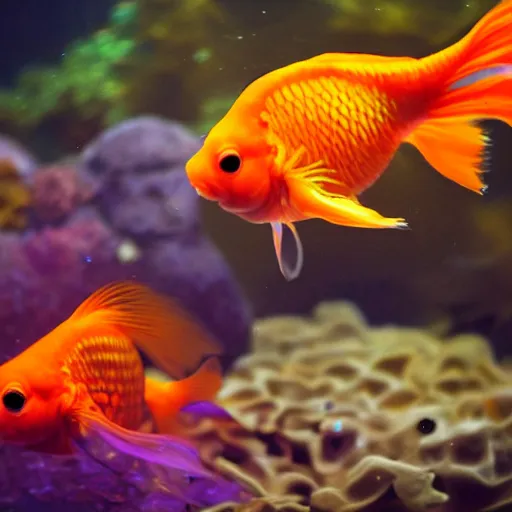 Image similar to extremely obese beautiful colorful goldfish in an aquarium, photography