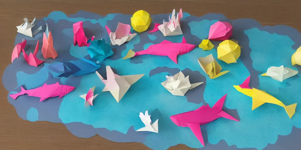 Prompt: paper craft diorama of an underwater party with origami sharks and a mermaid