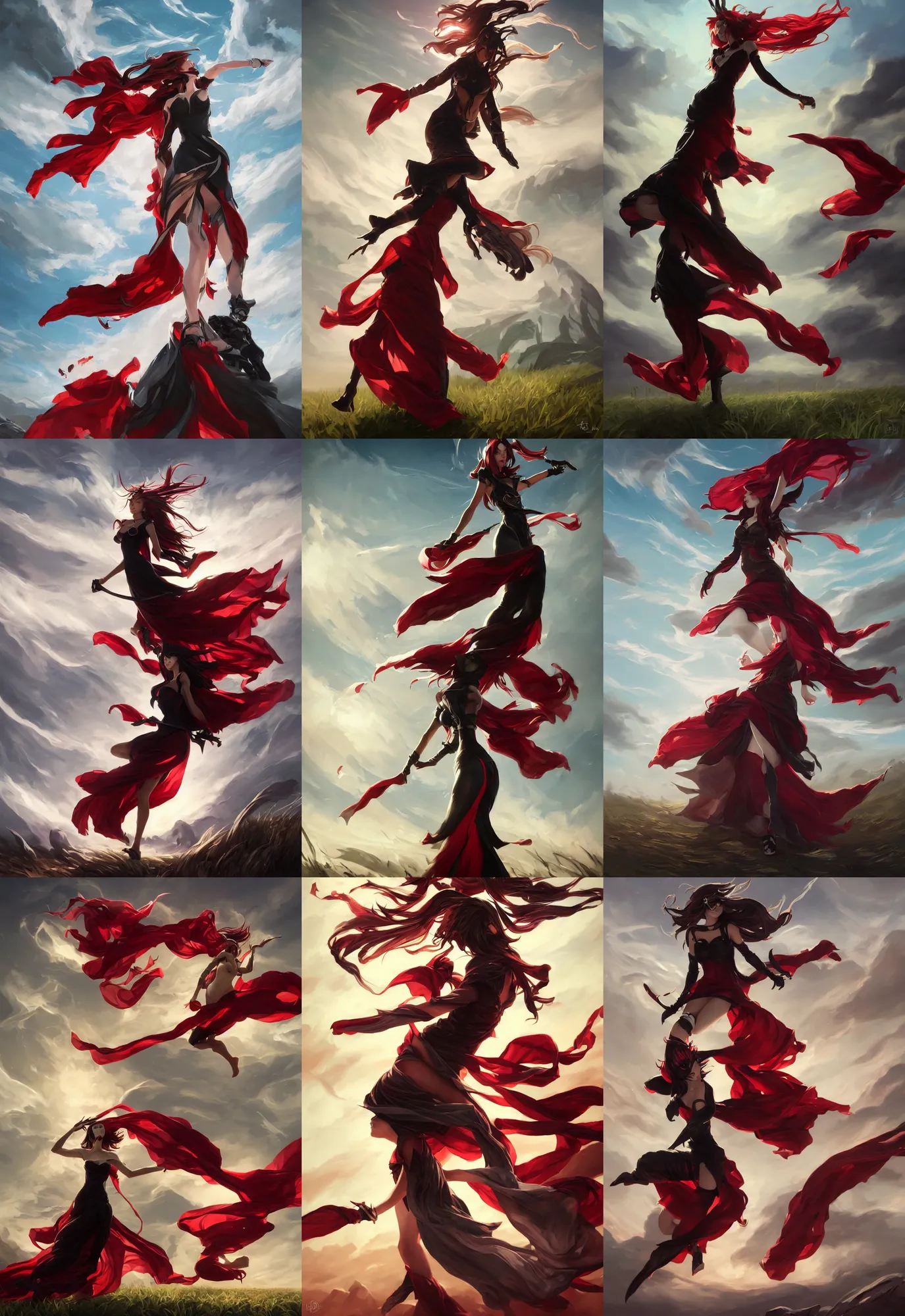 Prompt: league of legends and warframe art, single levitating girl in black and red and white maxi dresses between clouds above green fields in sunset light, cloth on the wind, close up portrait, elegant, intricate, digital painting, artstation, concept art, golden hour, epic composition, smooth, sharp focus, illustration, art by ed mell and Daniel F. Gerhartz and Jacek Malczewski and gustav klimt, Tibor Nagy