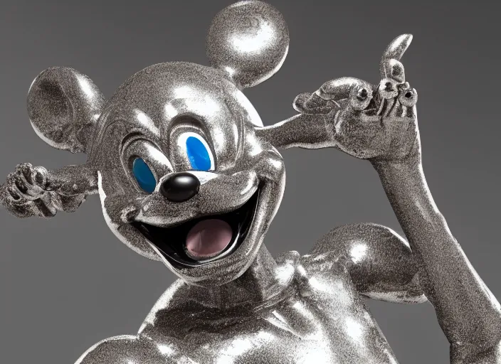 Prompt: stylized shiny polished silver statue full body extra limbs bizarre cosmic horror demonic demon made of marble of disney character mickey mouse, perfect symmetrical body, perfect symmetrical face, hyper realistic, hyper detailed, by johannen voss, by michelangelo, octane render, blender, 8 k, displayed in pure white studio room