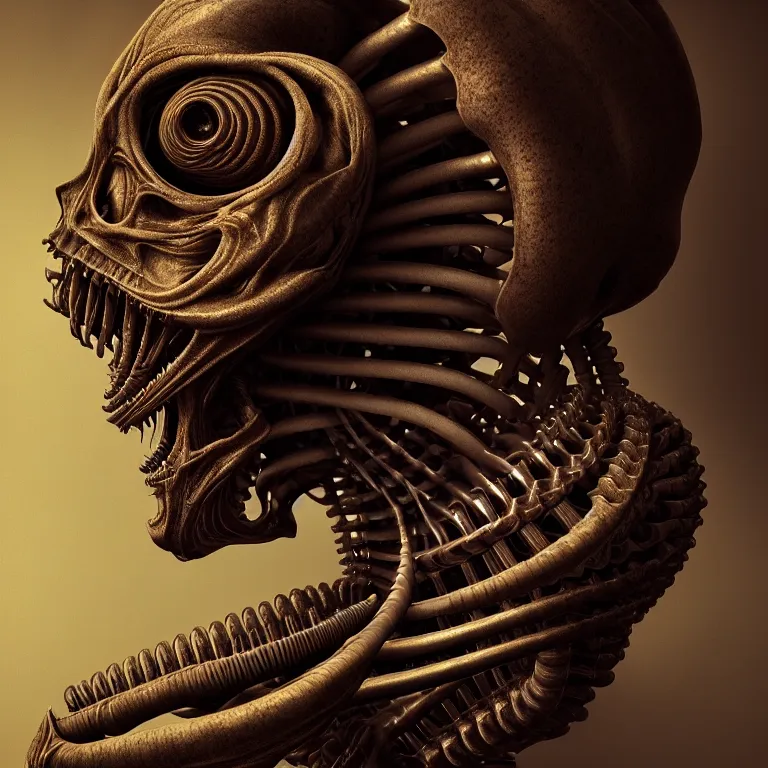 Image similar to biomechanical surreal ribbed spinal dark alien portrait, baroque painting, beautiful detailed intricate insanely detailed octane render, 8K artistic photography, photorealistic, chiaroscuro, Raphael, Caravaggio