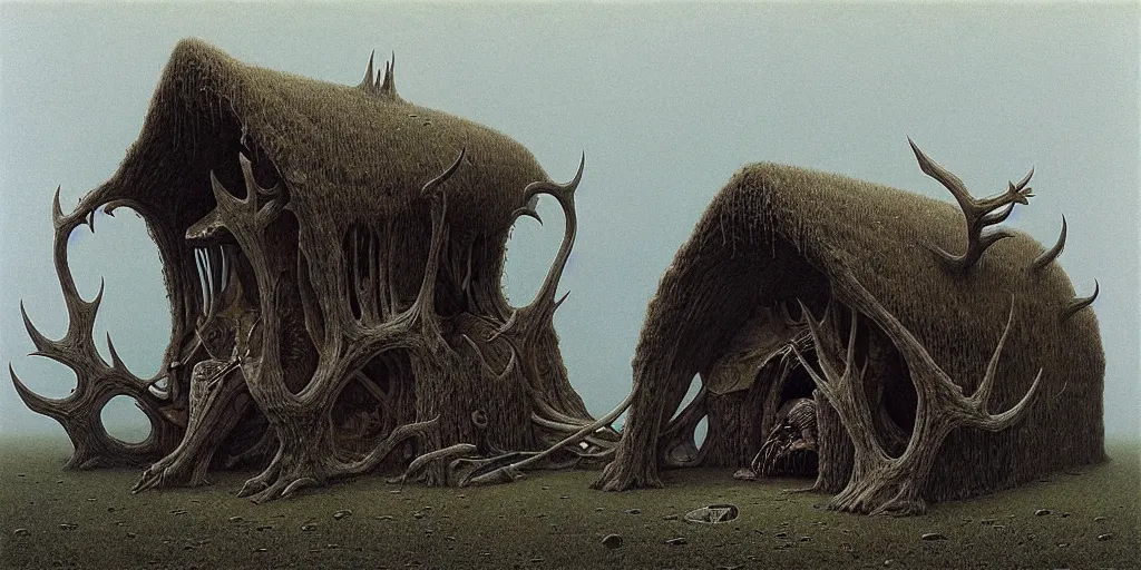 Prompt: cozy hut made out of a giant moose skull, Zdzislaw Beksinski, Wayne Barlowe, gothic, cosmic horror, dystopian, biomorphic, lovecraftian, amazing details, cold hue's