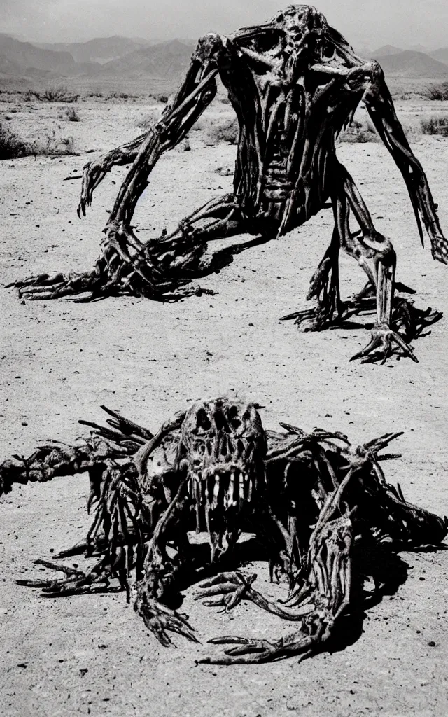 Image similar to in the desert a bloody gross horrifying The Thing creature made of muscle and bone and blood stares at the camera, eating, mid day, 35mm photography, realistic,