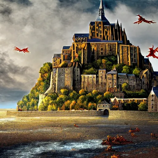 Prompt: landscape of Mont Saint-Michel under attack by dragons, high fantasy, highly detailed digital art