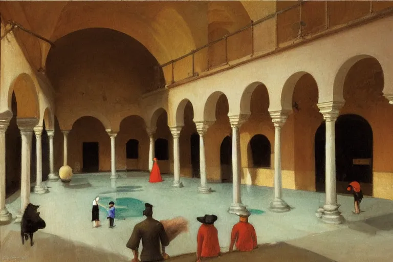 Prompt: painting of the inside of the baths of lady maria de padilla at the alcazar of seville, spain, creatures running around, by shaun tan, by edward hopper