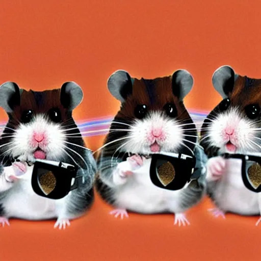 Prompt: hamsters in a james bond film with lasers on their mounted on their heads, digital art