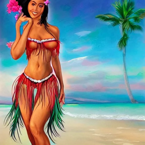 Image similar to beautiful hula dancer in a bikini on the beach drawn by artgerm