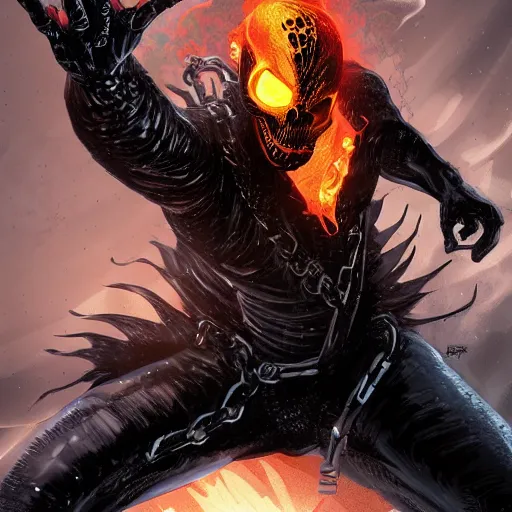 Image similar to ghost rider symbiote, comic strip style, dynamic lighting, fantasy concept art, trending on art station, stunning visuals, creative, cinematic, portrait, ultra detailed