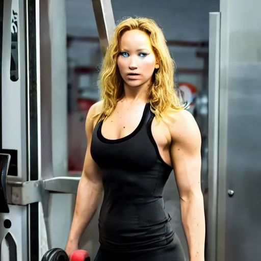 Image similar to first photos of 2 0 2 4 female pumping iron remake - muscular jennifer lawrence as conan, put on 1 0 0 pounds of muscle, looks different, steroids, hgh, ( eos 5 ds r, iso 1 0 0, f / 8, 1 / 1 2 5, 8 4 mm, postprocessed, crisp face, facial features )