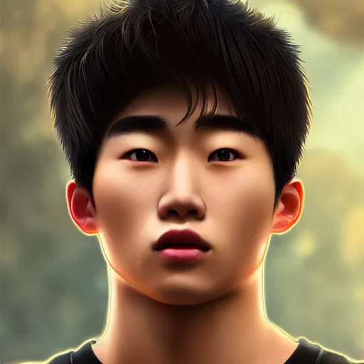 Prompt: a korean bodybuilder college boy, head to toe, bokeh, beautiful face!!!!, 2 3 years old, cg animation, lifelike, animated, realistic, character select portrait, by artgerm, greg rutkowski, alphonse mucha, 3 d