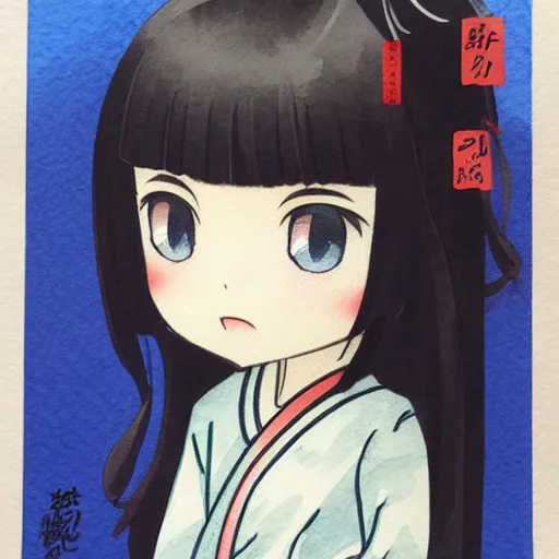 Prompt: beautiful water color concept art of face detailing cute nendoroid girl in the style of ukiyoe , toon rendering, close-up, no shade, modern art