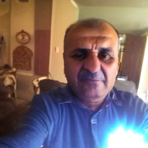 Prompt: my Kurdish dad accidentally taking a selfie with the front camera, squinting because the camera flash is so bright in his face