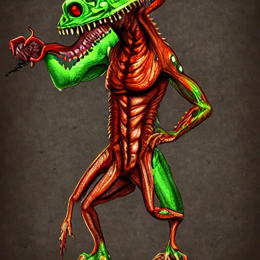 Image similar to big butcher anthropomorphic male lizardfolk posing scarily, scary angry pose, bloody, covered in blood, fresh kill, cleaver, in a cave, earie setting, lovecraft eldritch horror, hyperdetailed, furaffinity, anthro art