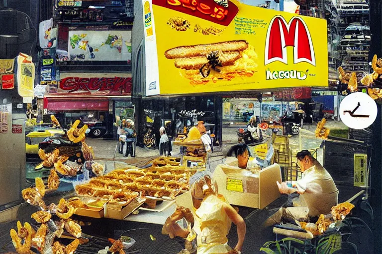 Image similar to mcdonald's fried bees in a yakisoba, in 1 9 9 5, y 2 k cybercore, advertisement photo. artwork by craig mullins