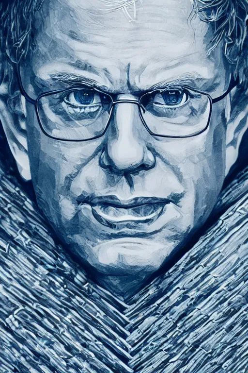 Prompt: realistic detailed photo of Bernie Sanders as man of steel, superman blue eyes, woven armour intricate complexity, Behance, golden ratio, fibanci background, vray, rich deep colors