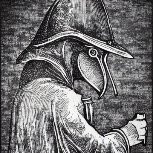 Image similar to Etching art of a plague doctor looking at a pocket watch, intricate, lots of details, 8k