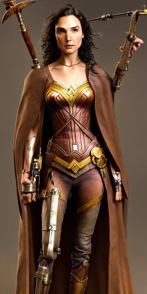 Image similar to highly detailed steampunk gal gadot standing, cape, bo staff : leonardo da vinci, greg rutkowski, magali villeneuve