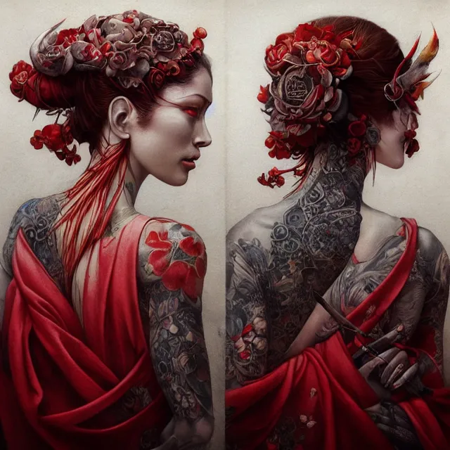 Image similar to ultra realistic illustration, beautiful ethereal woman dressed in red kimono, backview, tattoos, in the style of peter mohrbacher by weta digital and beth cavener, high face symmetry, intricate, masterpiece, award winning, high face symmetry, intricate