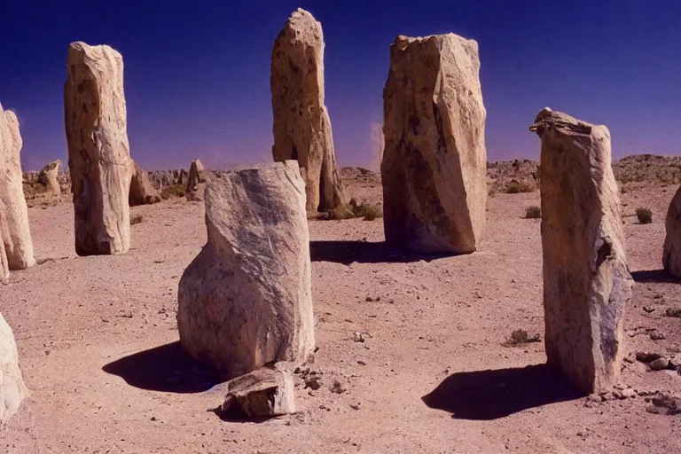 Prompt: film still of esoteric gigantic marble towers in the desert, by Étienne-Louis Boullée, ektachrome full-HD
