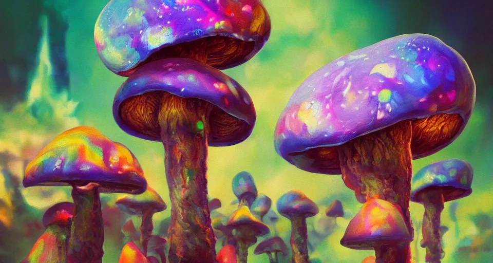 Image similar to a beautiful painting of trippy mushrooms by Tokio Aoyama, Mario Martinez, David Normal. photorealistic, trending on artstation, dramatic lighting, 8K, fantasy beautiful, surreal, cinematic.