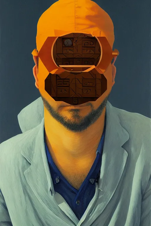 Image similar to Satoshi Nakamoto wearing oculus and bitcoin over his head Edward Hopper and James Gilleard, Zdzislaw Beksisnski, highly detailed