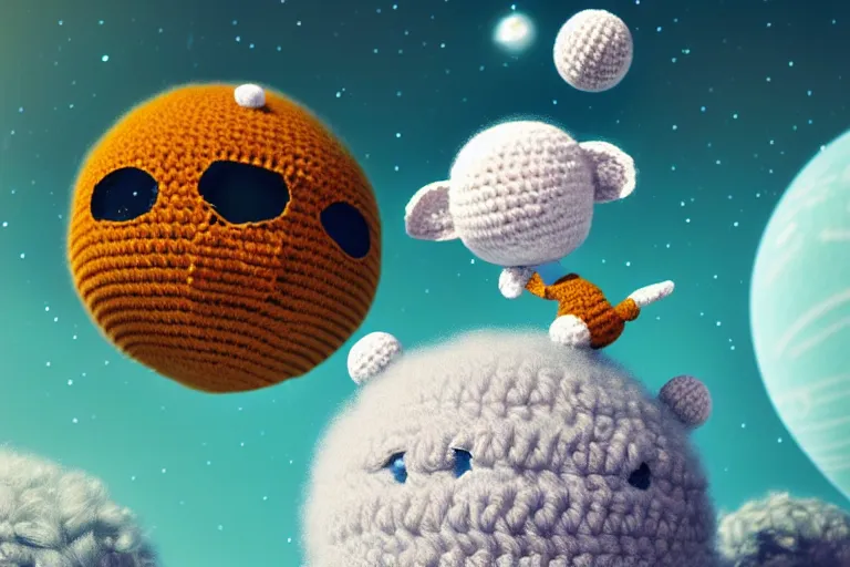 Image similar to an expedition of crochet astronauts discovering a new fluffy planet made out of yarn. cute, illustration, digital art, inspired by little big planet, by greg rutkowski, detailed, sharp, masterpiece, highly detailed, photorealistic, octane render, 8 k, unreal engine 5, trending on artstation