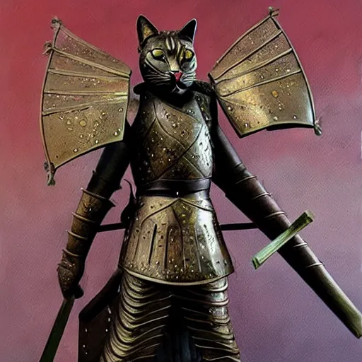 Image similar to cat warrior statue in samurai insect armor, realistic painting.