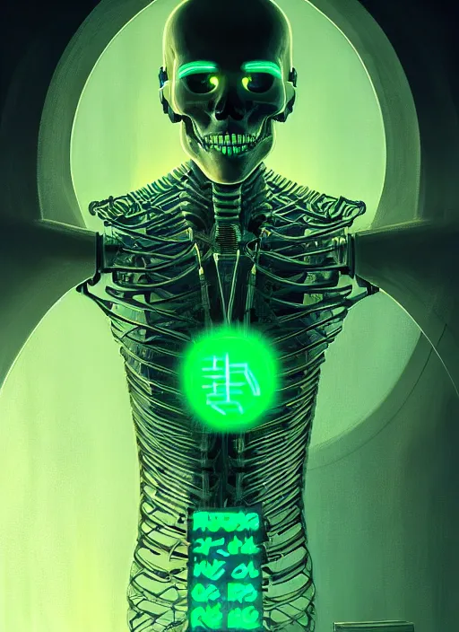 Image similar to portrait of futuristic cyber bionic skeleton writing runes into tombstones, runes, runic words, ancient evil letters, glowing green, intricate, elegant, glowing lights, highly detailed, digital painting, artstation, concept art, smooth, sharp focus, illustration, art by wlop, mars ravelo and greg rutkowski