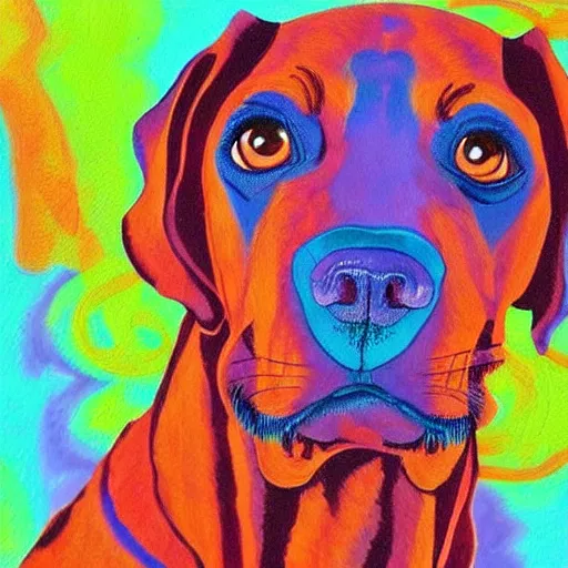Prompt: A psychedelic painting of a vizsla on LSD