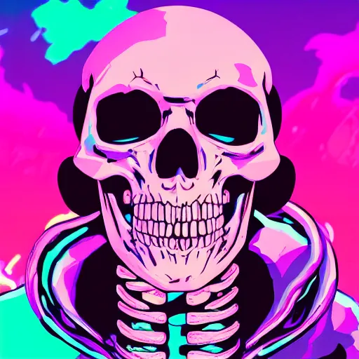 Prompt: skeletor, 1 0 0 0 bones, portrait, vaporwave, synthwave, neon, vector graphics, cinematic, volumetric lighting, f 8 aperture, cinematic eastman 5 3 8 4 film