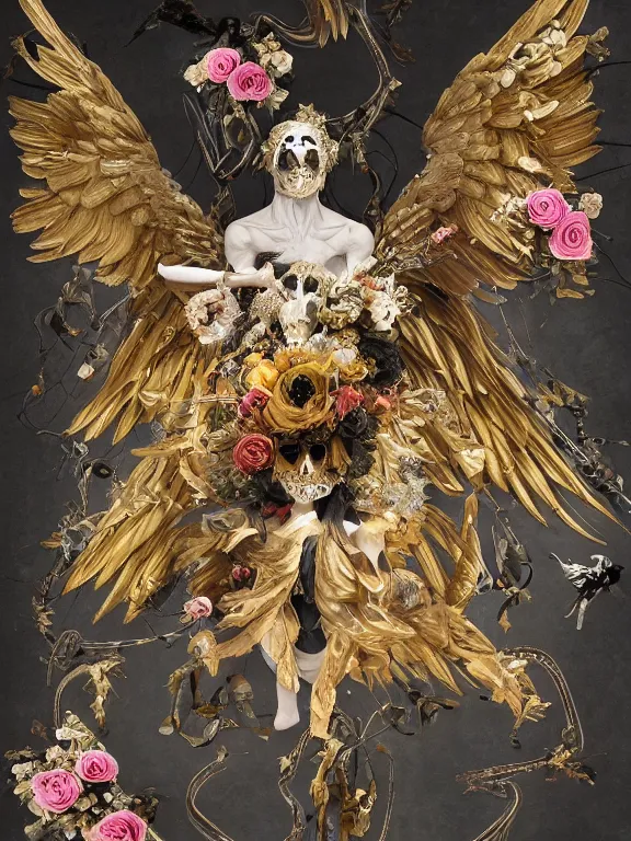 Prompt: a falling icarus with black wings in the form of a Greek sculpture with a mask in the form of golden elk skull and wreath of flowers, roses in hands, dressed in a flower dress, lie on a golden stone, silk, fabric, birds, flowers. baroque elements, human skull. full-length view. baroque element. intricate artwork by Katsuhiro Otomo. many many birds birds on background. Trending on artstation. halo. octane render, cinematic, hyper realism, octane render, 8k, depth of field, bokeh. iridescent accents. vibrant. teal and gold and red colour scheme