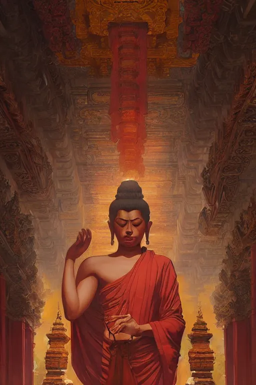 Image similar to temple, buddhism, painting by greg rutkowski, j. c. leyendecker, artgerm