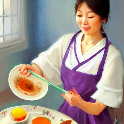 Prompt: beautiful Japanese wife making breakfast, painting by Vladimir Volegov