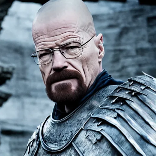 Image similar to walter white dresses like a knight from game of thrones, holding a sword, cinematic, highly - detailed, 8 k, hbo, game of thrones, realistic