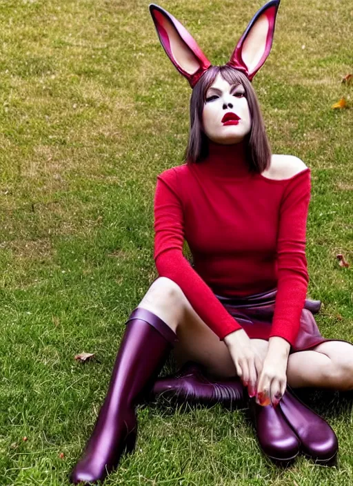 Prompt: a female sitting in the grass while her legs are pointing to the sky, she's wearing a very high leather boots with a much longer royal white socks, wearing a red matte long sleeves that are very loose at each end, she's wearing a very short dark matte violet skirt, golden jewelries, pointy bunny ears, 4 white tails with a red him at each end, very detailed beautiful face, smiling seductively, trending on Artstation, art by ZeargeanT