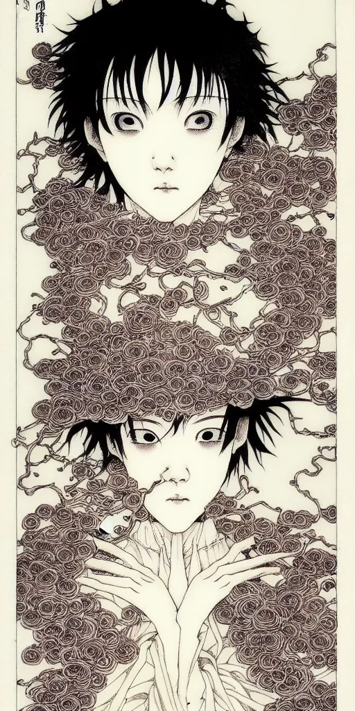 Prompt: prompt: one human Fragile looking character portrait face drawn by Takato Yamamoto, full body character drawing, inspired by Evangeleon, clean ink detailed line drawing, intricate detail, manga 1980, portrait centric composition