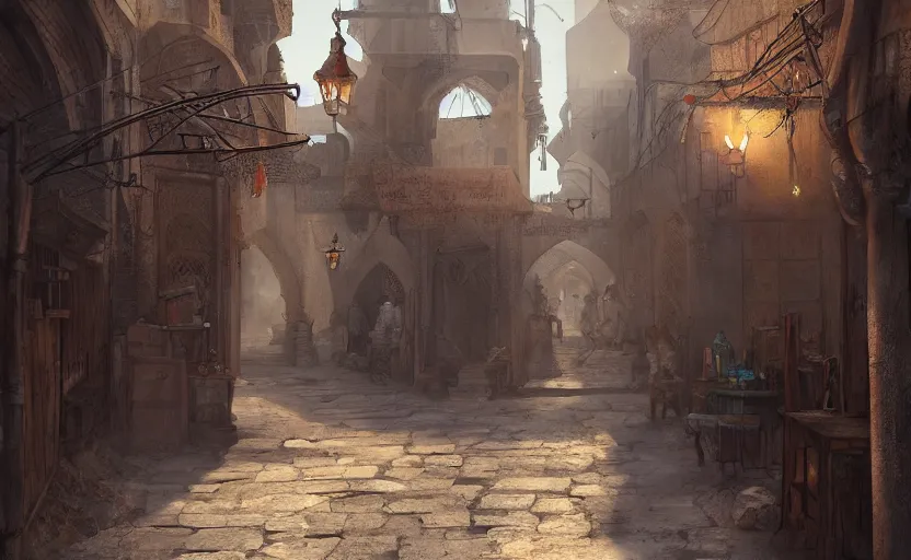 Prompt: cinematic medieval middle east alleyway, arabic, persian, dawn, market, little spice shops, bazaar, steam punk, unreal engine 5, trending on art station